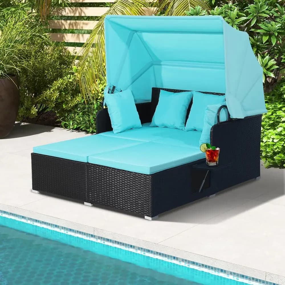 Outdoor Daybed, 2-Person Wicker Patio Soa with Retractable , Cushions & Pillows, 2 Side Trays, PE Rattan Double Sunbed Lounger o