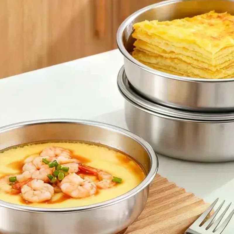 Stainless Steel Steamed Egg Bowl With Lid Kitchen Tableware Fruit Salad Dessert Soup Bowl Food Container Rice Noodle Bow