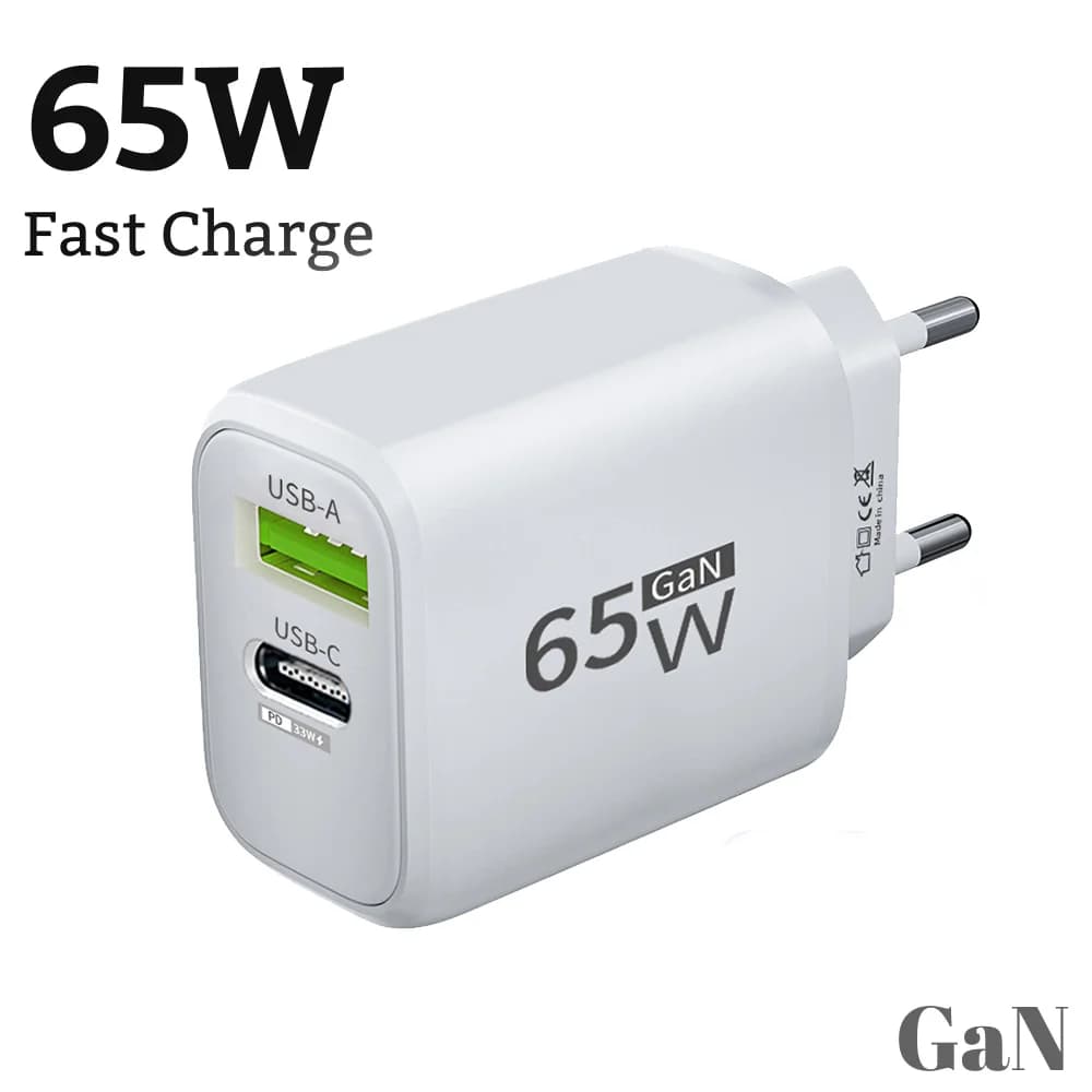 GaN Total 65W Fast Charging Wall Phone Charger US/EU Plug Type C USB Mobile Phone Power Adapter For iPhone Xiaomi Huawei Samsung