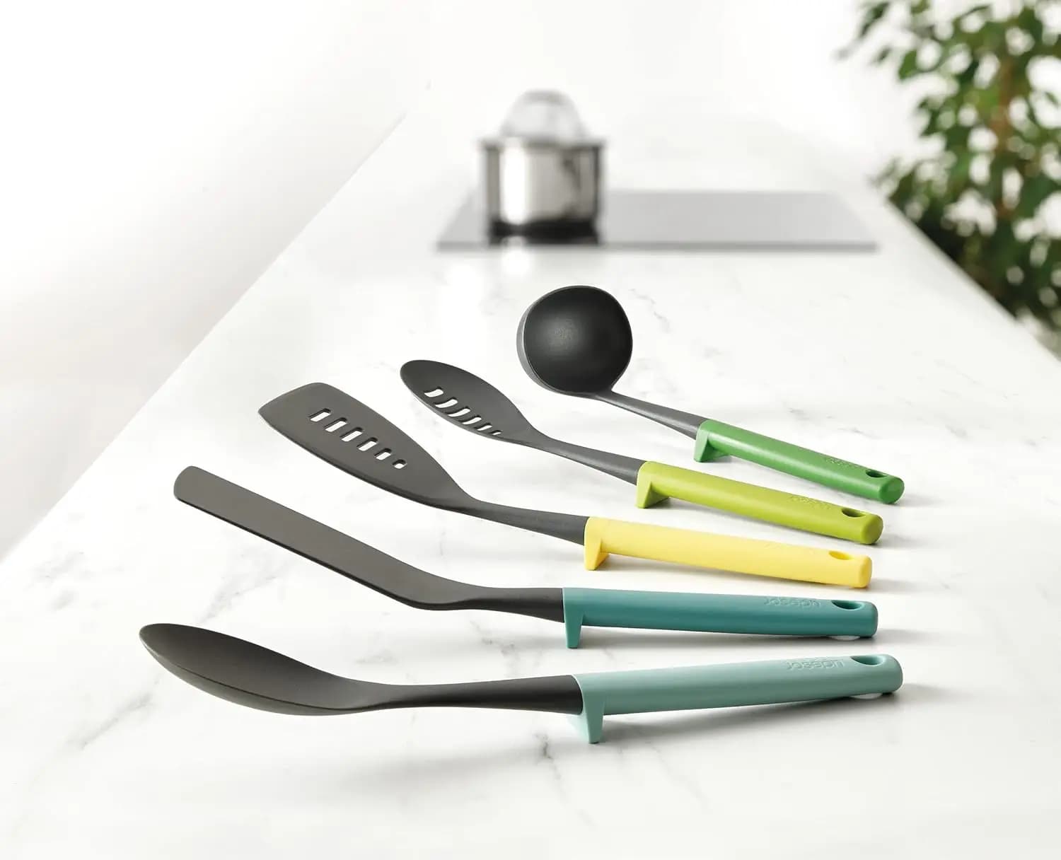 Set of 5 Duo kitchen utensils with integrated supports: Vibrant set with solid and perforated spoons, spatula