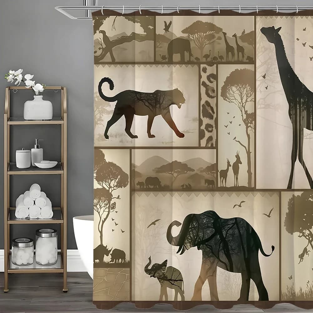 Tenda da doccia con silhouette di animali, tenda da doccia con decorazione per il bagno, tenda da doccia impermeabile con ganci