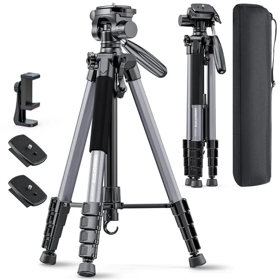 74 aluminum camera tripod, durable professional tripod for DSLR and mirrorless cameras, smartphone and GoPro, lightweight