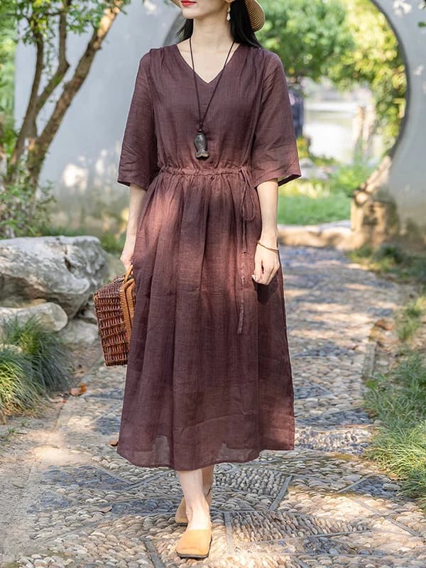 Retro Zen Cotton Lin Short Sleeve Dress Women Summer Artistic Loose Waist Belt Slim V-Neck Lin Long Skirt A-Line Dress