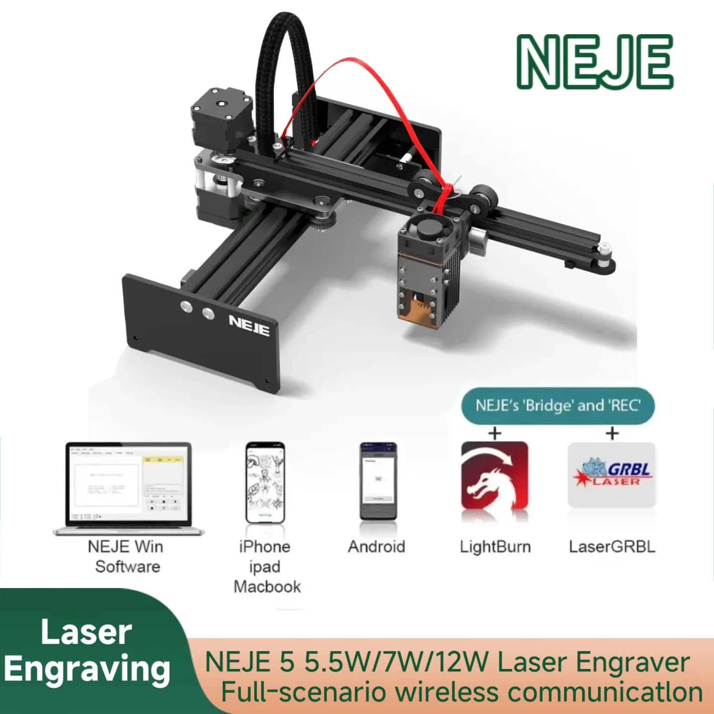 NEJE 5 5.5W/7W/12W macchina per incisione laser per la lavorazione del legno, incisione CNC su legno/acciaio inossidabile/metallo dipinto/pelle/alluminio