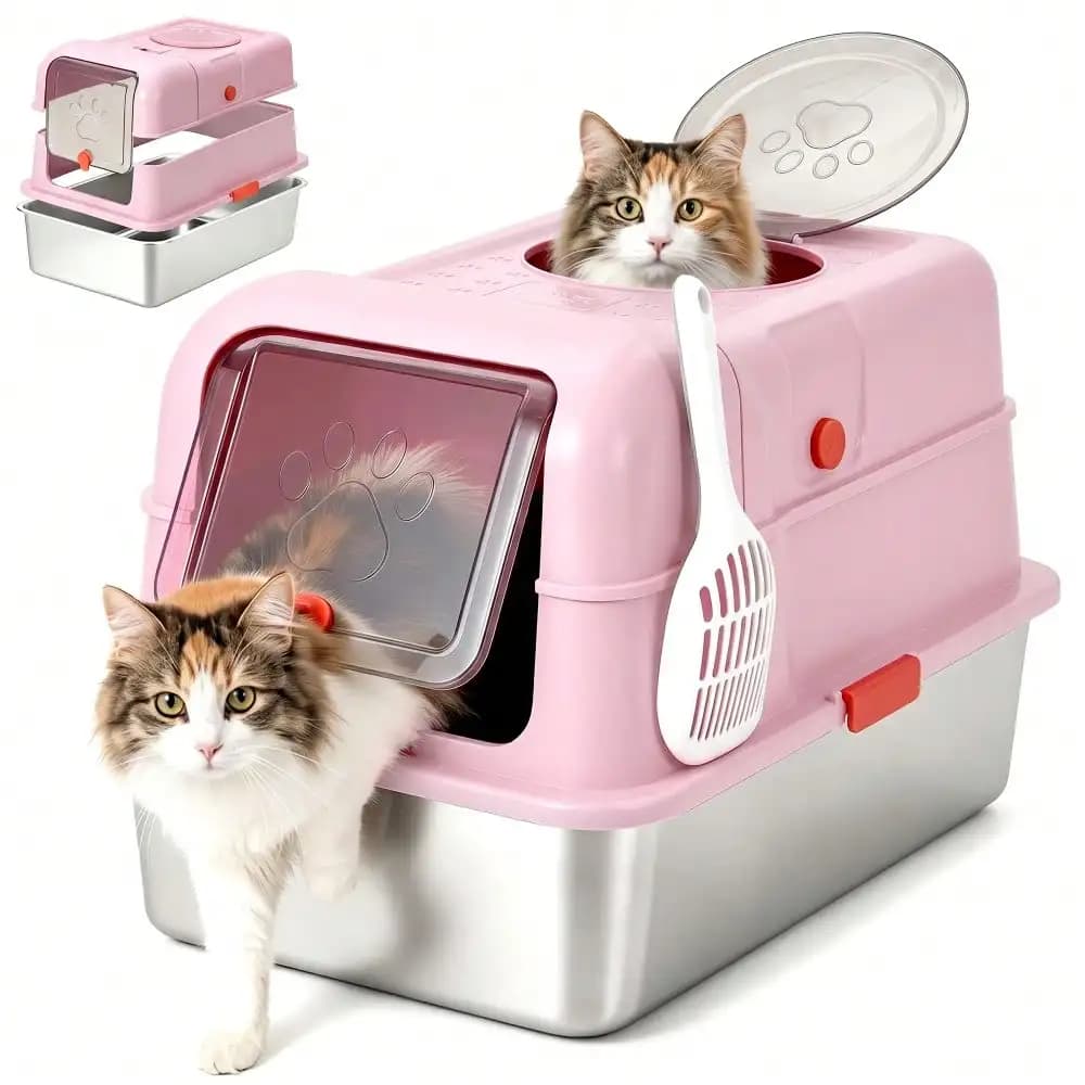 DanLink XL Stainless Steel Cat Litter Box With Lid, Enclosed Metal Litter Pan Front Entry Top Exit, High Sided Anti Leak Design, Includes Scoop For Big Cats And Multi Cat Home