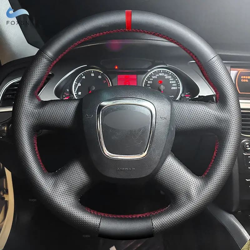 Per Audi A3 8P Sportback A4 B8 A5 8T A6 C6 A8 D3 Q5 8R Q7 4L 4 raggi senza pulsante Coprivolante per auto Rivestimento in pelle striscia rossa
