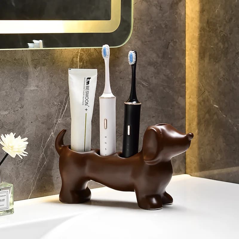 Sausage dog toothbrush holder, cute animal dog shaped storage container, bathroom countertop accessories, bathroom decoration