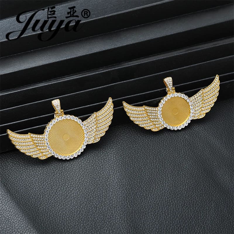 1 pz 25/30mm Ciondolo In Bianco Cabochon Impostazioni Base Lunetta di Diamanti Ali D'angelo Pendenti E Ciondoli Per Il FAI DA TE Hip Hop Creazione di Gioielli accessori