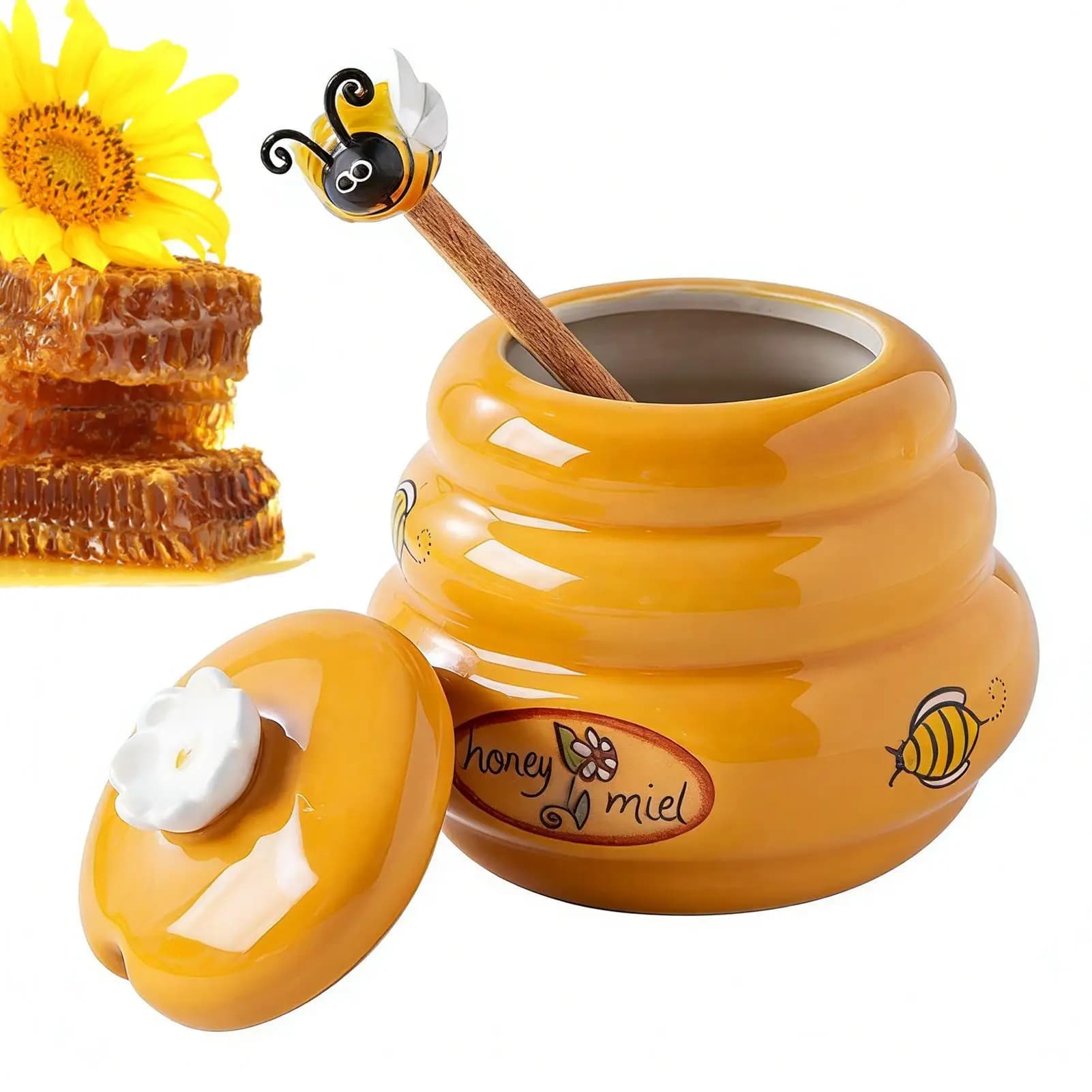 Contenitore dosatore per miele, mini barattolo con bastoncino e coperchio / Dispenser per miele, serbatoio a nido d'ape, bottiglia per miele da cucina