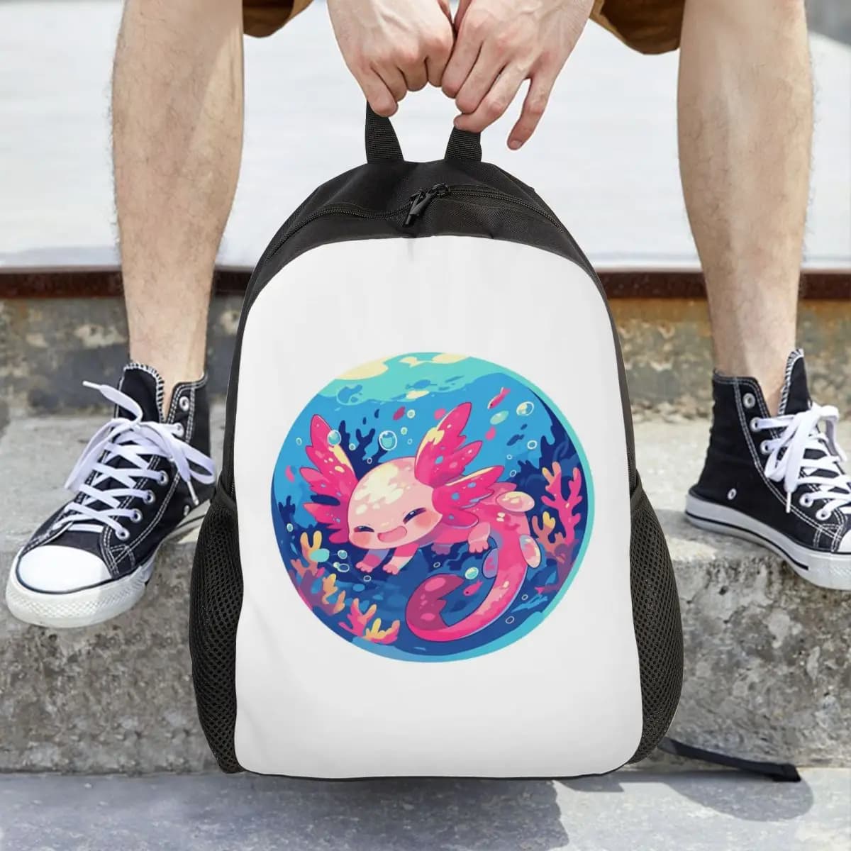 Cute Cartoon Axolotl In Coral Reef Backpack Daypack Large Capacity Children BookBag School Bag Shoulder Bags for Men Women