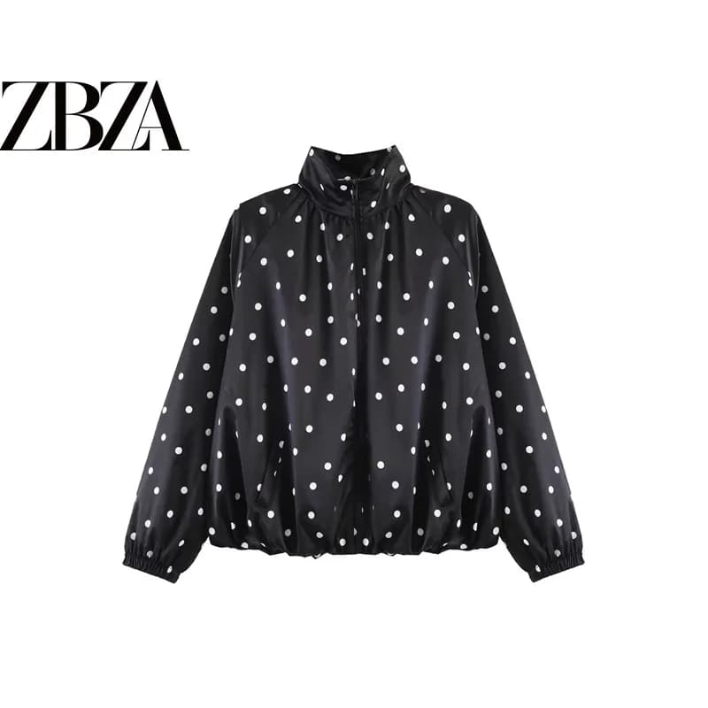 Loose Polka Dot Print Long Sleeve Coat for Women Casual Style Commute Wind Resistant Stand Collar Ball Jacket Polyester Fiber
