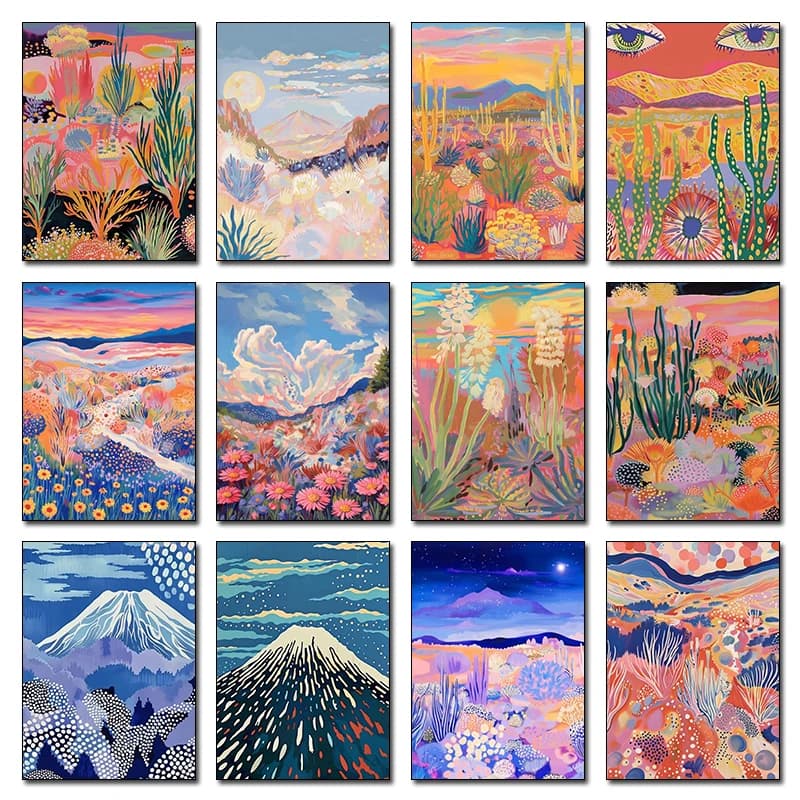 Poster Astratto Moderno Mid-Century con Paesaggio Botanico Occidentale al Tramonto, Pittura Diamantata Paesaggio Giapponese, Arte Murale Matisse per Arredamento Casa e Stanza