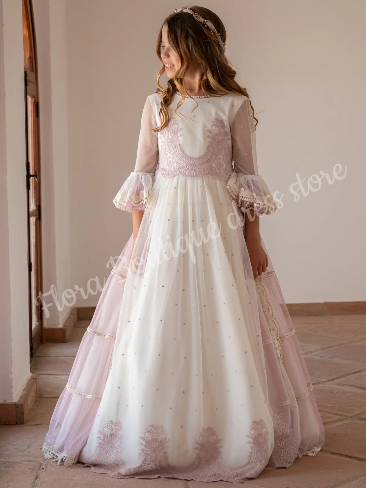 Gonna a trapezio in chiffon bianco con applicazioni a maniche lunghe, abito da ragazza di fiori per matrimoni, compleanni, feste formali, abiti da prima comunione