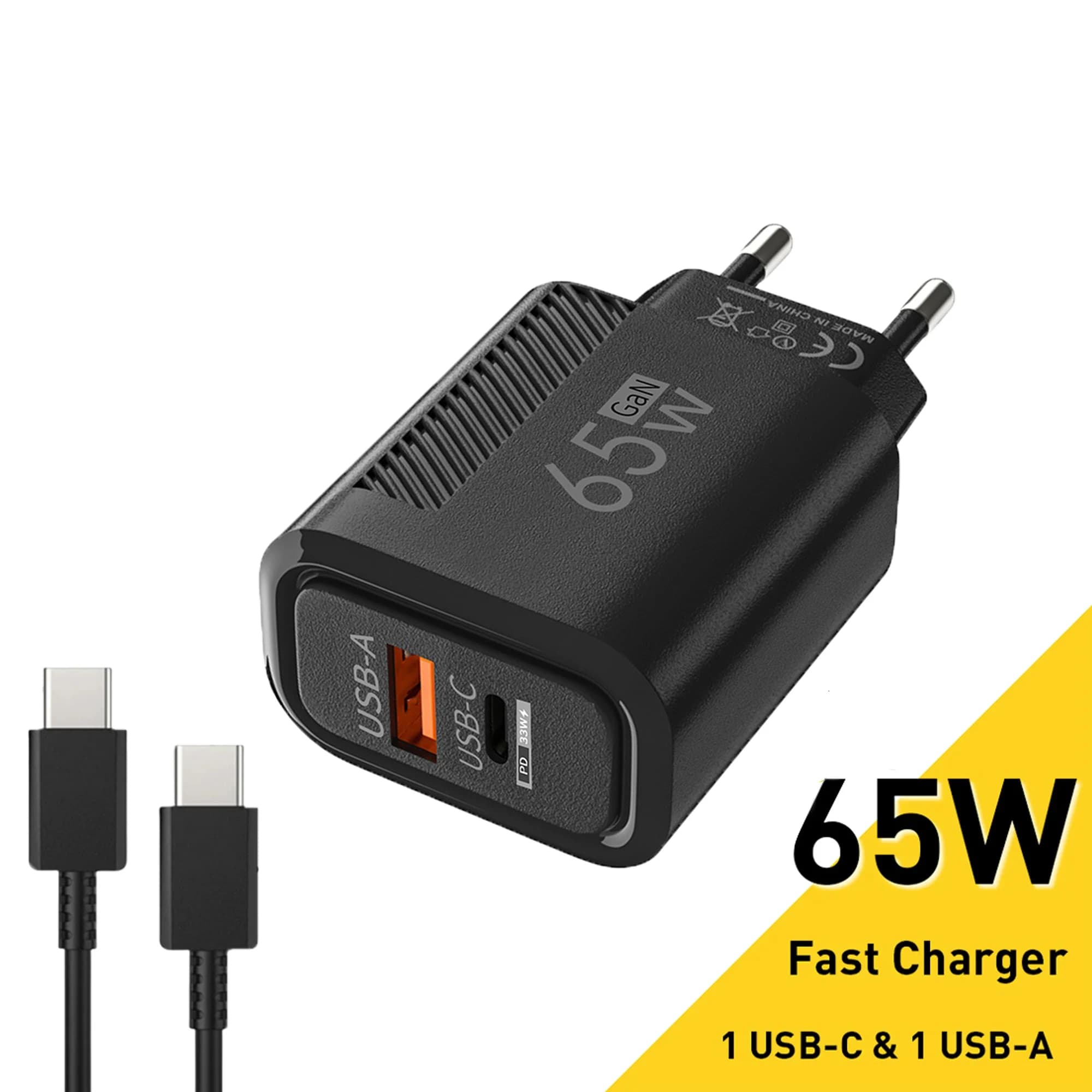 Caricatore USB PD GaN 65W Tipo C Ricarica Rapida QC 3.0 Adattatore Universale Spina EU/US Caricabatterie da Viaggio USB Tipo-C a Ricarica Veloce