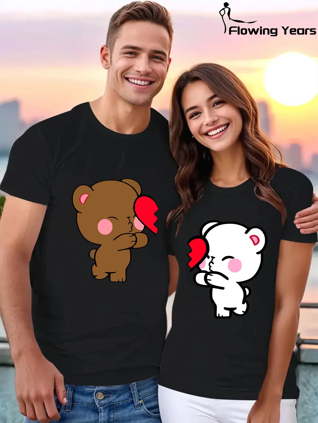 Le sue sue coppie abbinate a magliette Simpatico orso Stampa di cartoni animati Comode magliette casual girocollo in poliestere per coppie