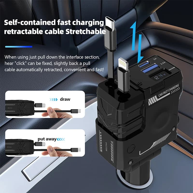 Cavo di ricarica per auto a ricarica rapida retrattile 4 in 1 Adattatore per caricabatteria per auto a 4 porte compatibile per IPhone 15/14/13/12/11 Samsung