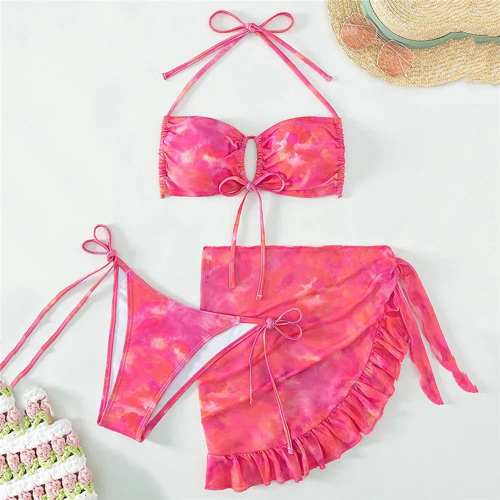 Set Bikini Rosso Rosa 3 Pezzi Sexy da Donna 2026 Costumi da Bagno Micro Perizoma Halter Triangolo Brasiliano