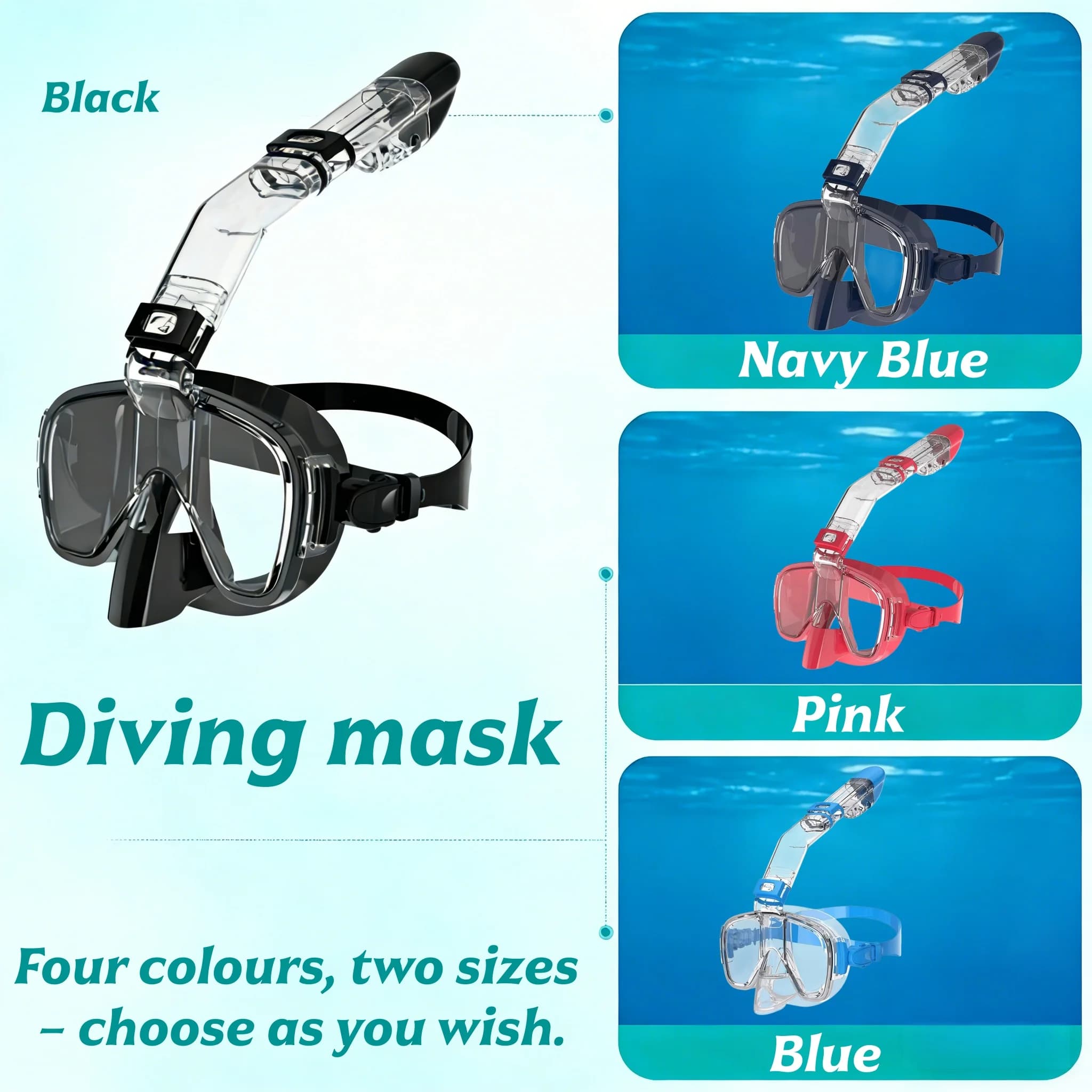 Semi-mask diving mask for children and adults, snorkeling and diving sets, anti-fog, for safe breathing.