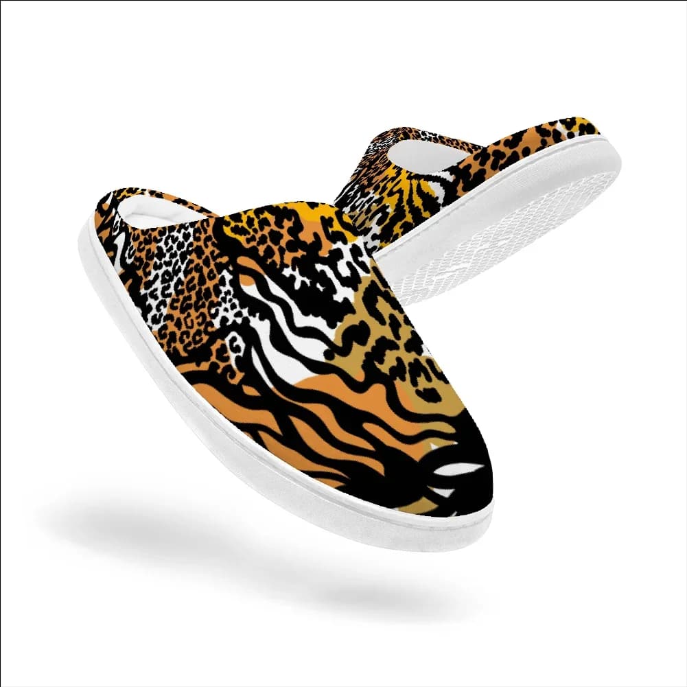 Golden Leopard Print Keep Smiling Home Cotton Slippers for High Quality Plush Casual Keep Warm Shoes Thermal Slipper