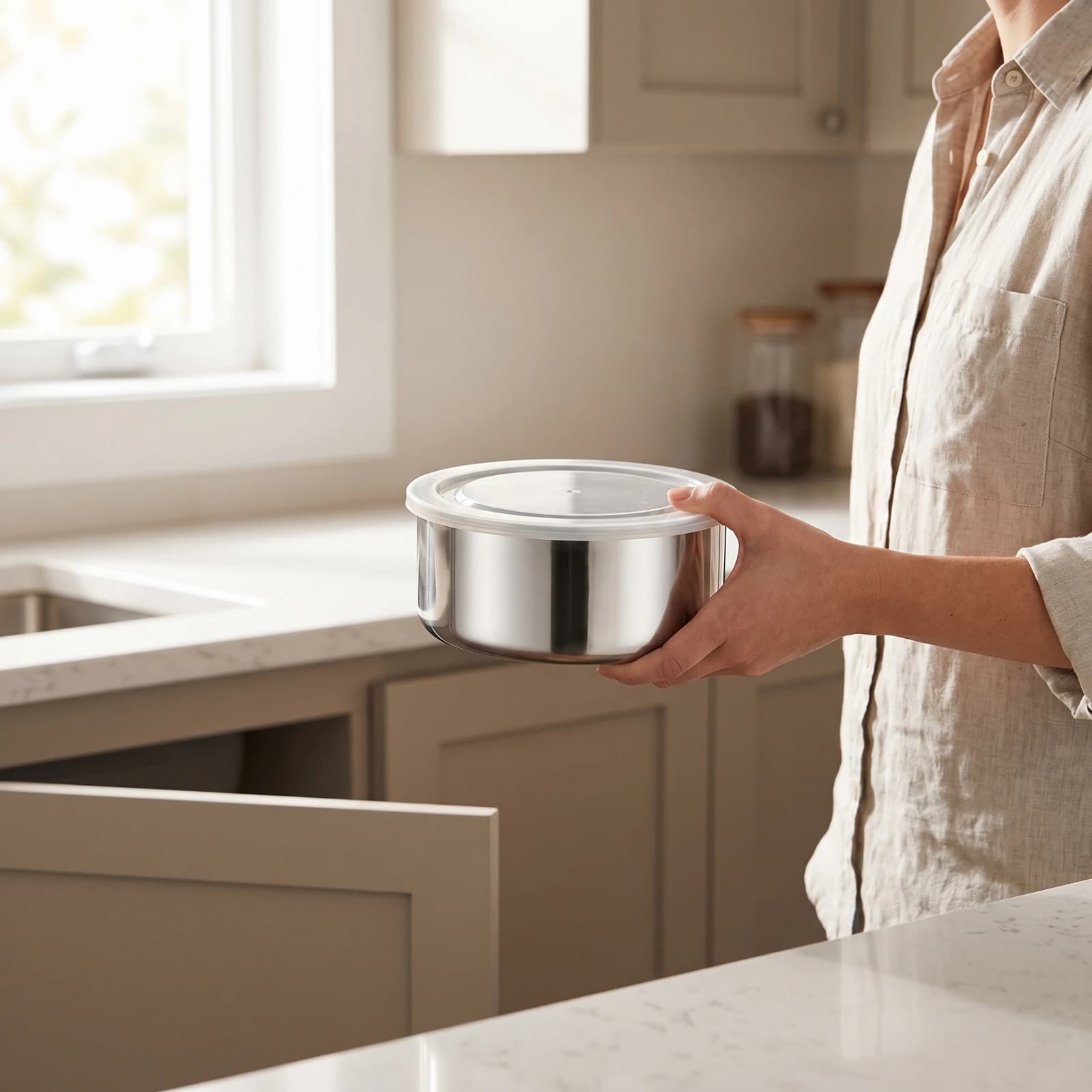 5 Pieces Nesting Food Containers with Lids Space-Saving Nesting Bowls Stainless Steel Containers Low-Height for Meal Prep