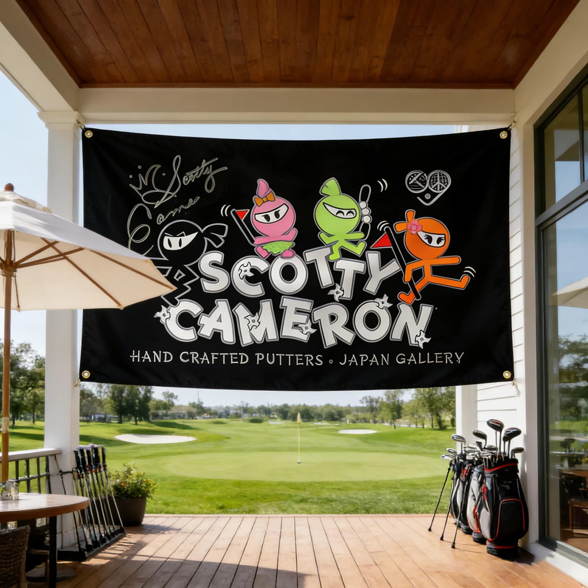 Bandiera da Golf 90x150cm con Stampa Cartoon di Scotty Cameron e Putter Ninja, Tappeto Decorativo 3x5Ft in Poliestere con Occhielli in Ottone, Decorazione per Club di Golf