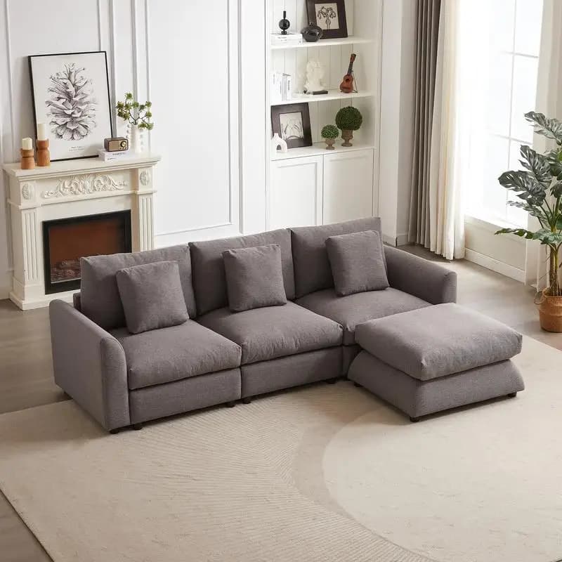 Divano modulare da 102 pollici con pouf, gambe in plastica, 3 cuscini e 3 cuscini per soggiorno, appartamento, studio, letto a forma di L,