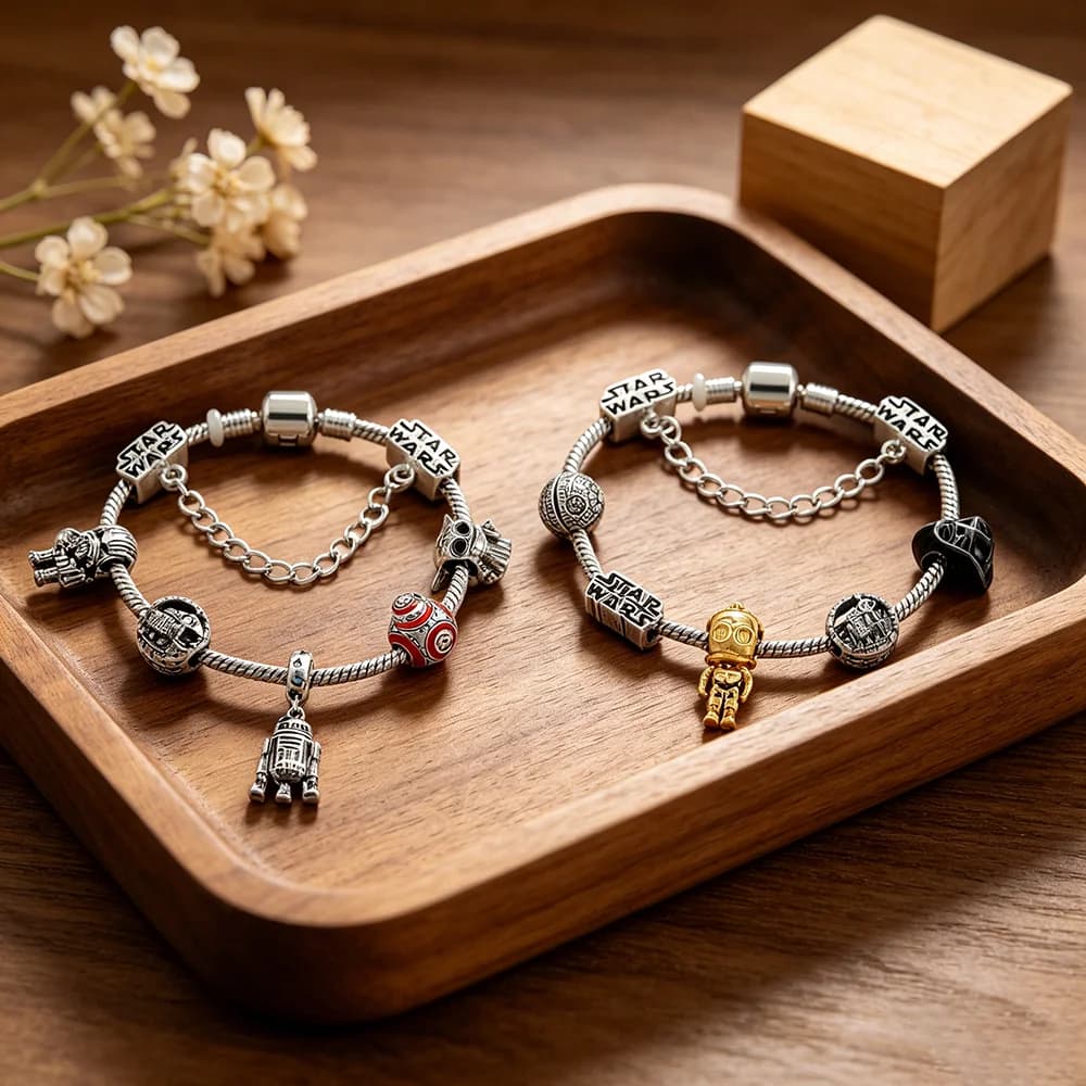 Bracciale con Charm di Star Wars Placcato Argento con Perline Fai-da-Te BB-8 R2D2 Death Star per Donna Uomo Regalo di Gioielleria