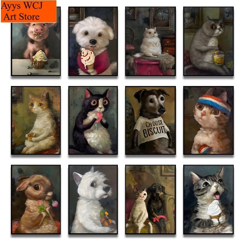 1 pz. Quadro su tela senza cornice, stampa poster divertente con animali che personificano: gatto, cane, coniglio, criceto che mangia qualcosa, arte da parete su tela