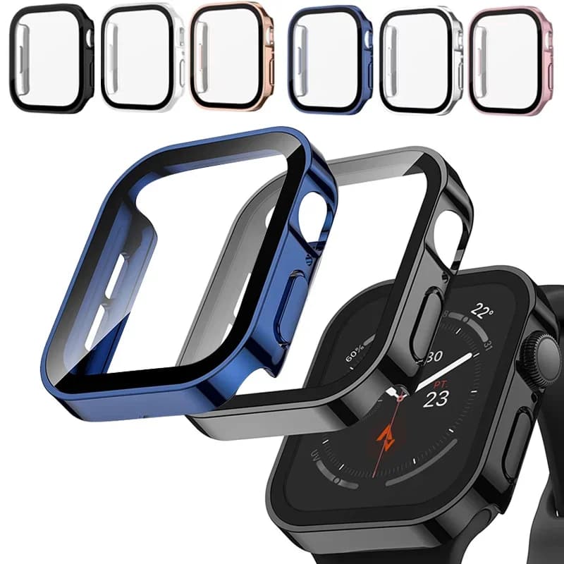 Custodia impermeabile galvanica + vetro per Apple Watch 7 8 45mm 41mm 44mm 40mm protezione dello schermo paraurti in vetro iWatch 4 5 6 SE 7 8 9