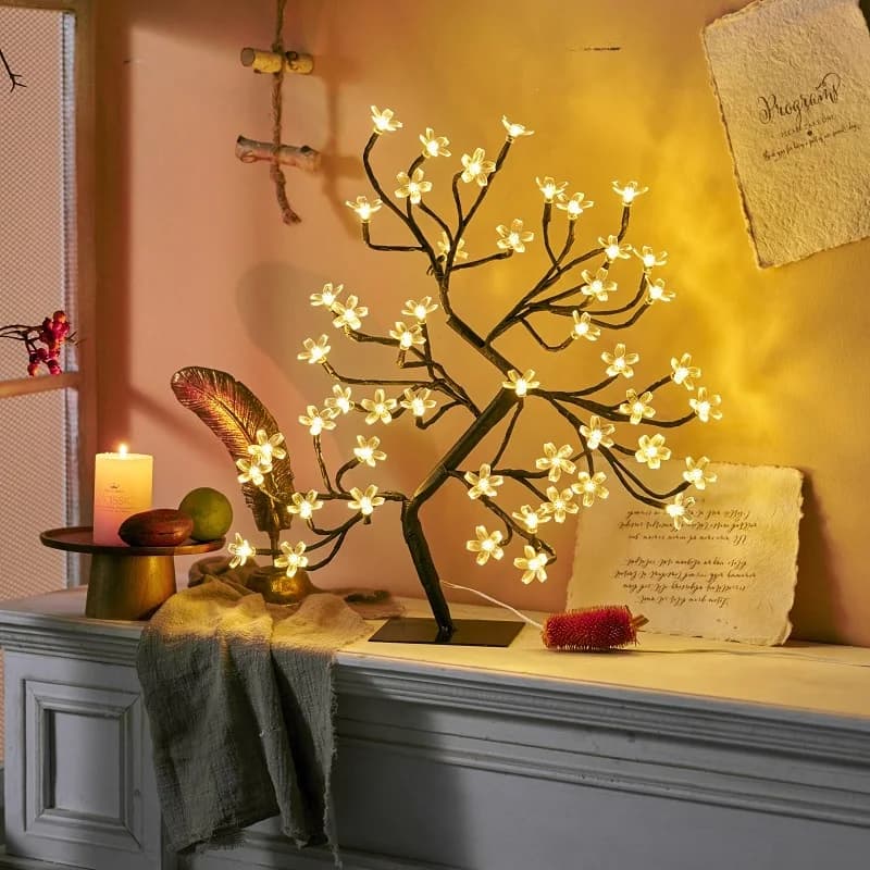 Decorazione della camera da letto Disposizione della stanza Lampada da albero con fiori di ciliegio Lampada da scrivania Luce notturna creativa plug-in USB Luce ambientale B
