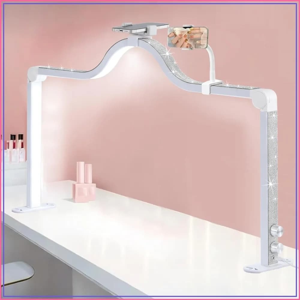 Foldable Large Nail Lamp with Dual Phone Holder, 3 Modes 3000K-6000K LED Manicure Light for Desk, Half Moon Light for Lash, Tattoo, Eyebrows