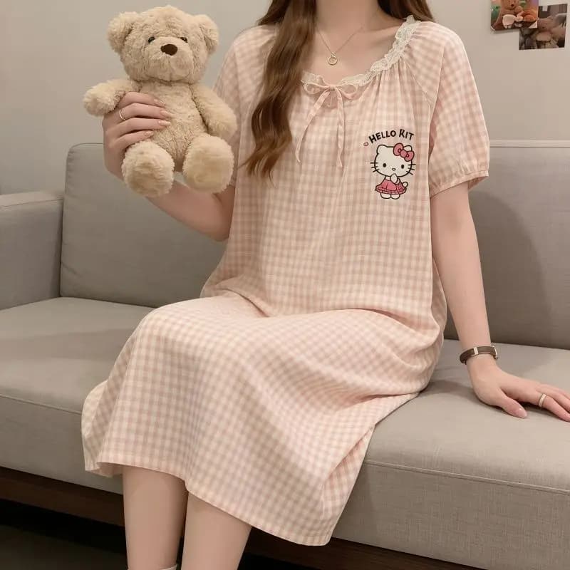 Pigiama Sanrio con stampa Hello Kitty, gonna da notte estiva, vestito lungo a maniche corte, abbigliamento da casa da donna