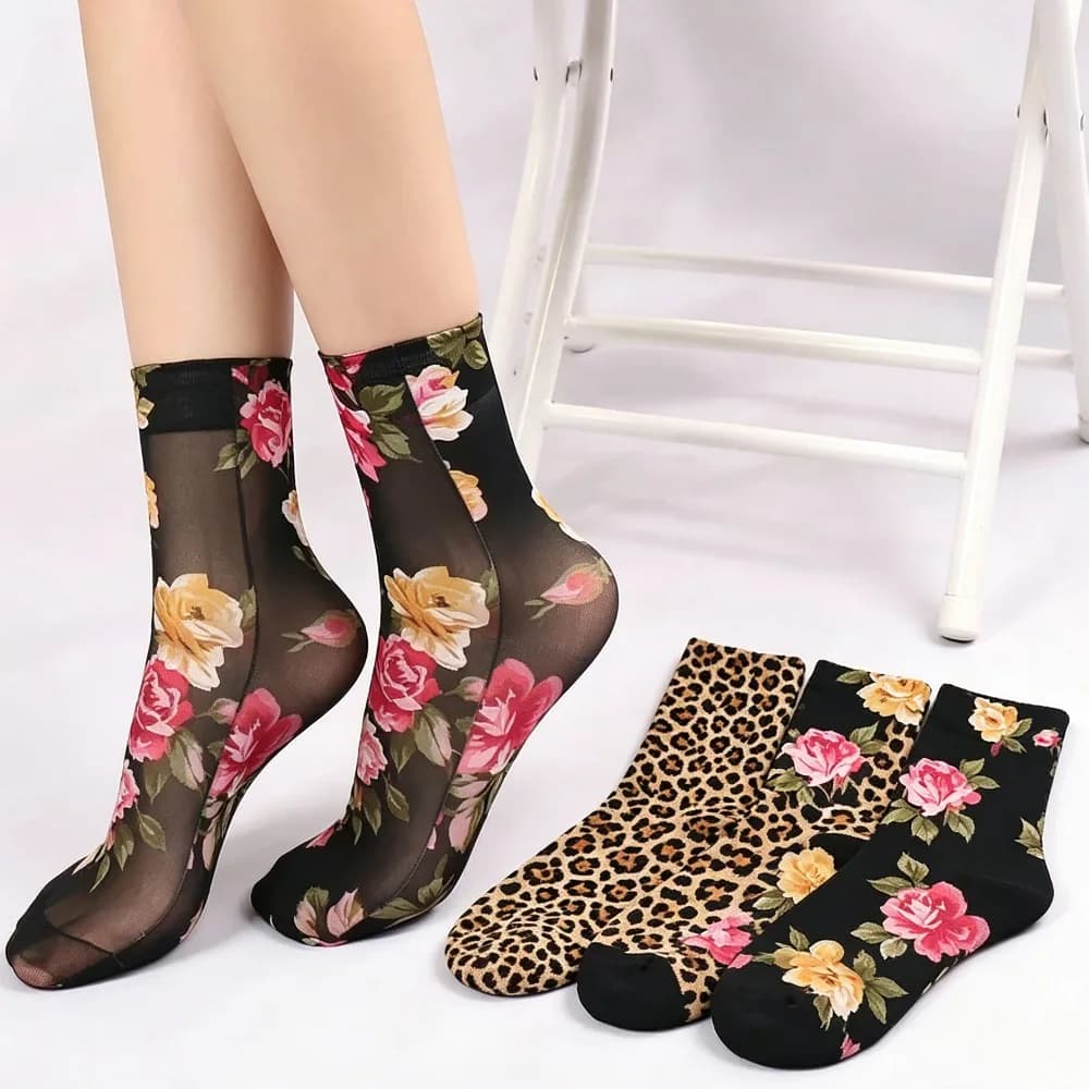 1 Pair Leopard Floral Print Sheer Short Socks, High Elastic Breathable Summer Socks for Loafer Single Shoes Daily Wear