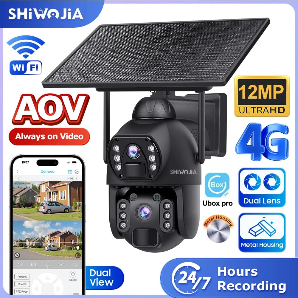 SHIWOJIA 12MP 4G SIM Solar Security Camera AOV 20100mAh Battery 10W Solar Panel WIFI Double lens recording Humanoid Monitoring