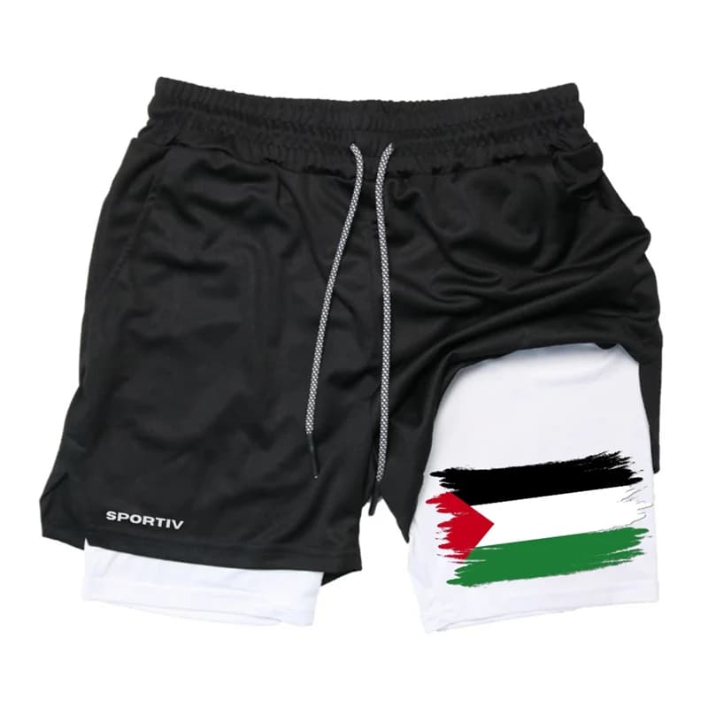 2 in 1 training running shorts with flag graphics for men Fast drying gym sports shorts with phone pocket Patriotic shorts with towel