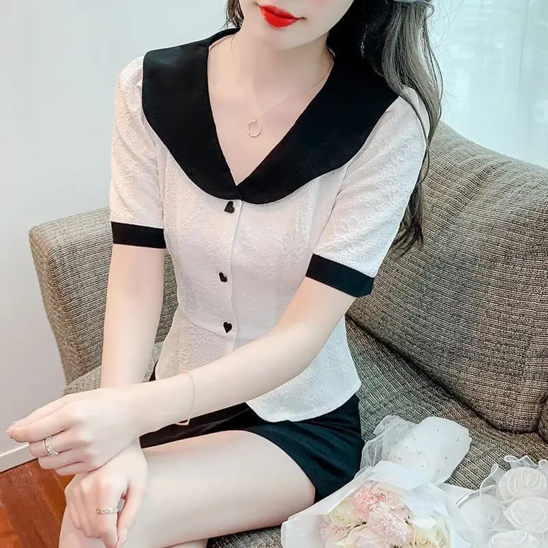 Summer New French-Style Color-Blocked Babydoll Collar Short-Sleeve Waist-Tie Chiffon Blouse for Women