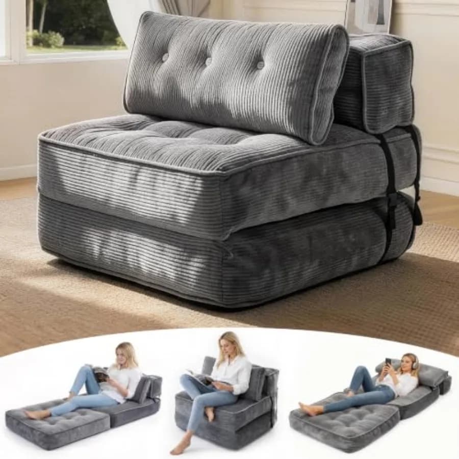 2 in 1 Folding Sofa Bed, Convertible Sleeper Chair with Ergonomic Back Support Memory Foam Pillow, Multifunctional Fold-Out Cha