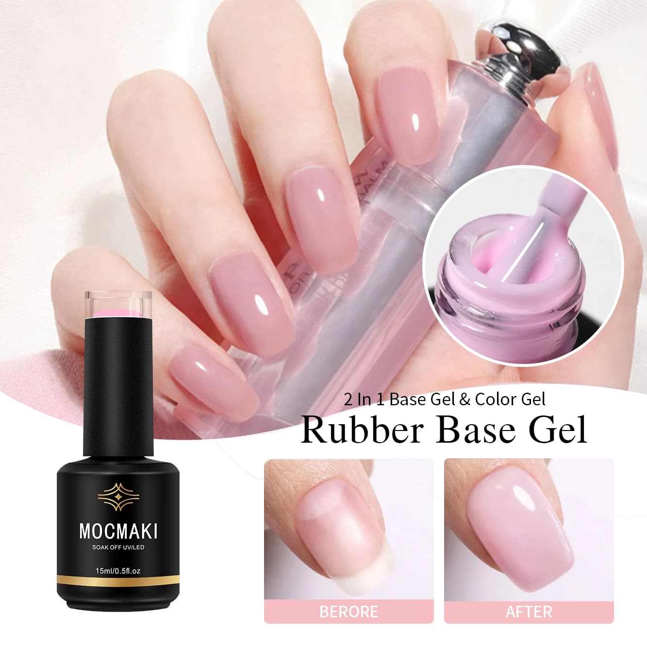 Mocmaki 15ml Smalto Gel Base Rubber Rosa Lattiginoso Glitterato Semipermanente Soak Off Autolivellante UV LED