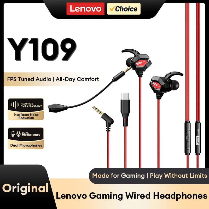 New Lenovo Y109 Gaming Headphones with Microphone, 3.5mm Type-C Connected Headphones, HiFi Headphones with Phone, PC, Switch, PS4