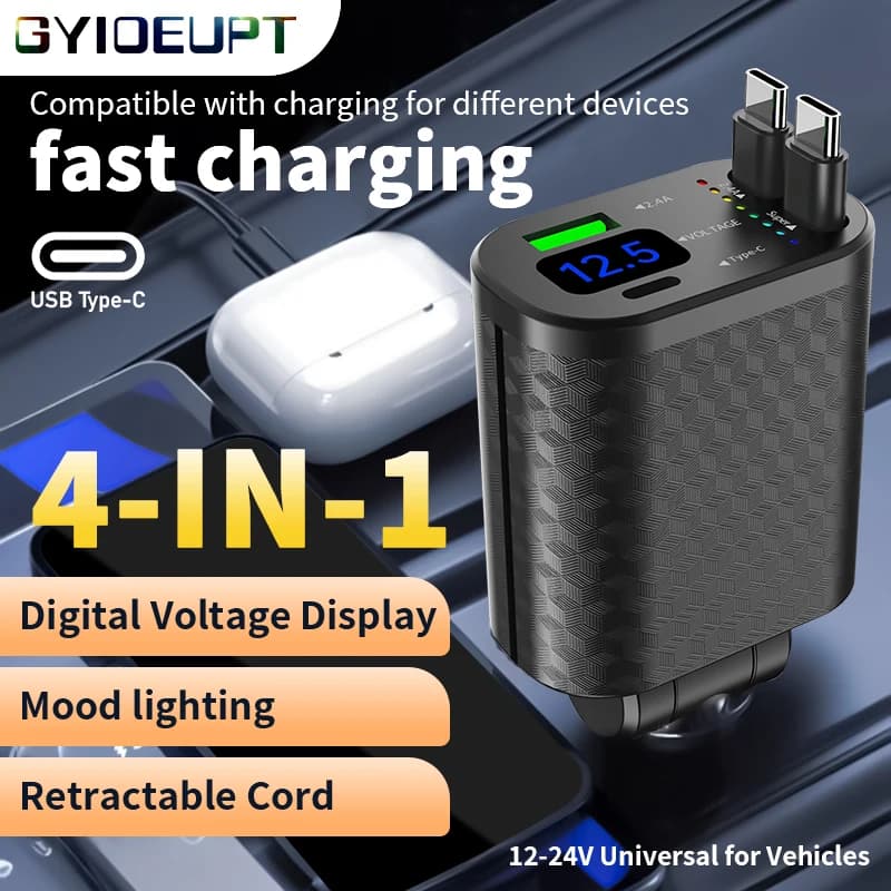 Caricabatterie per Auto 4-in-1 Retrattile con Display Digitale e Indicatore di Ricarica, Caricatore Rapido per Telefono con 2 Cavi Retrattili