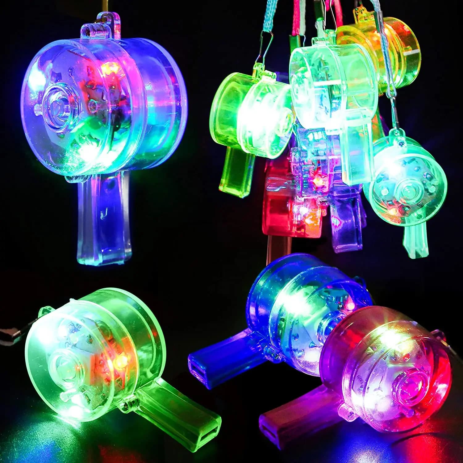 Fischietti luminosi a LED, fischietti luminosi all'ingrosso, articoli per feste, giocattoli, fischietti, bomboniere luminose al buio per matrimoni e feste di compleanno