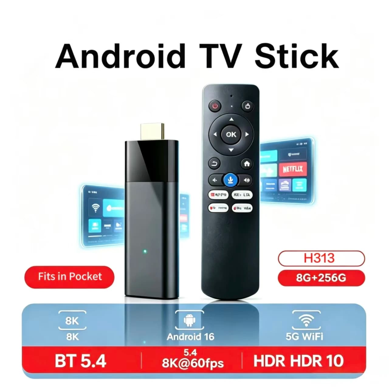 Q12 Android 16 Smart TV Stick Allwinner H313 Quad Core Supporto Dual Wifi 2.4/5G Media Player HDR10+ Telecomando Vocale Google TV Box