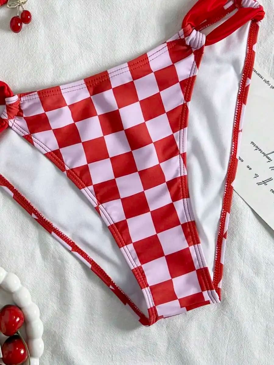Red And White Checkerboard Plaid Bow Tie Backless Bikini Bottom For Beach Vacation Party
