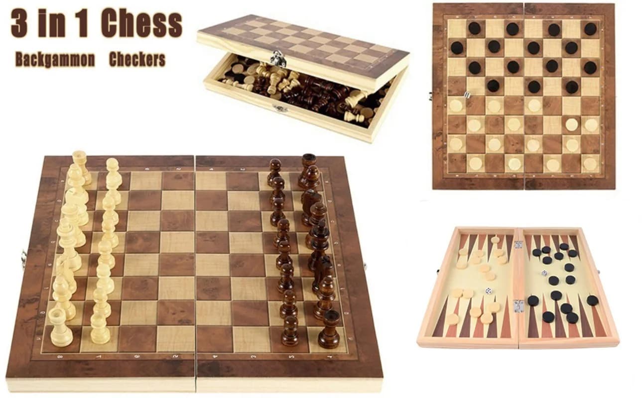29*29cm 3 in 1 Chess Board Folding Portable Travelling Wooden Chess Board Games for Adults (Chess + Checkers and Backgammon)