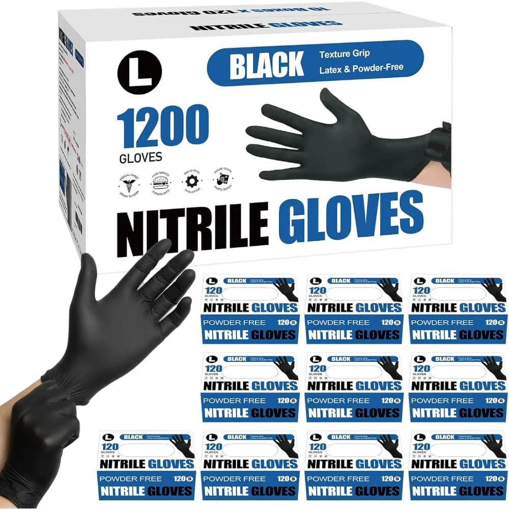 1200 Guanti Monouso in Nitrile Nero 4 Mil Senza Lattice e Senza Polvere per Uso Alimentare, Cucina, BBQ, Pulizia, Settore Automobilistico