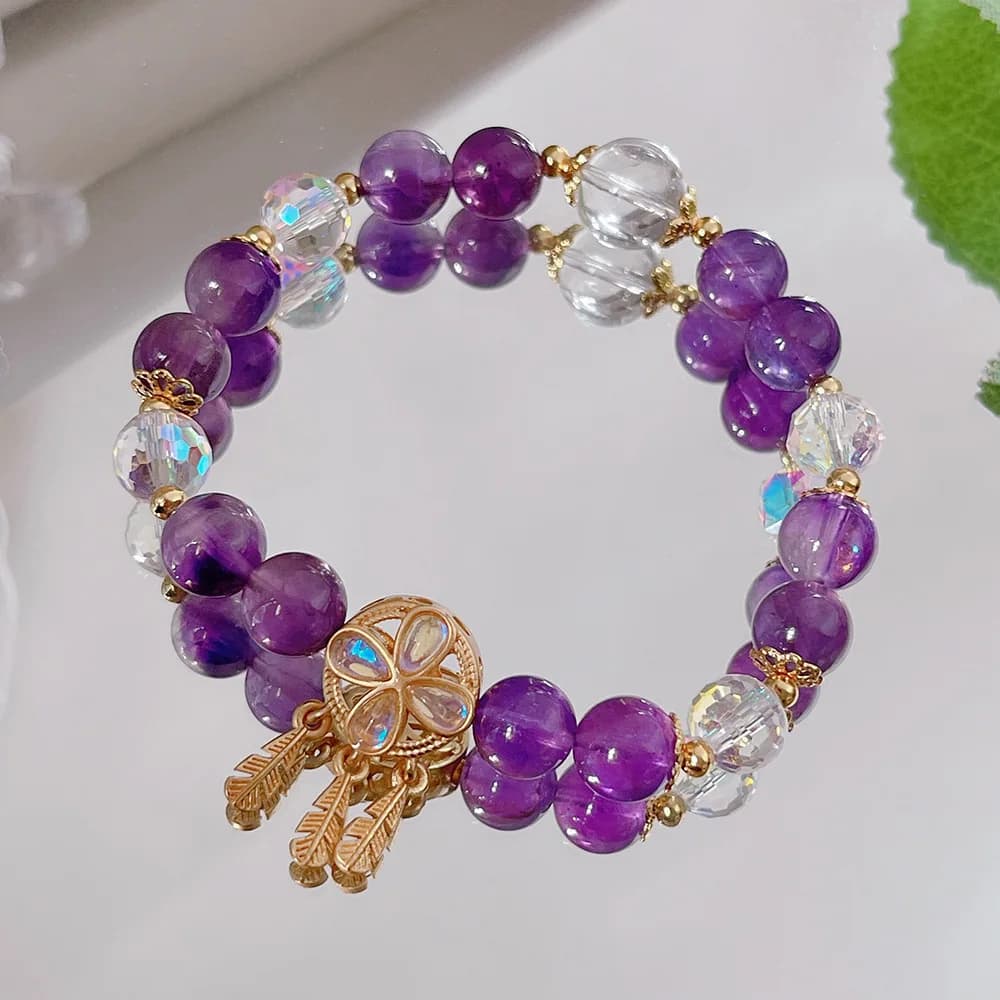 Natural Amethyst Bracelet For Women, Super Fairy Design Dream Catcher Strawberry Crystal Sunstone Bracelet, Vacation Style Best