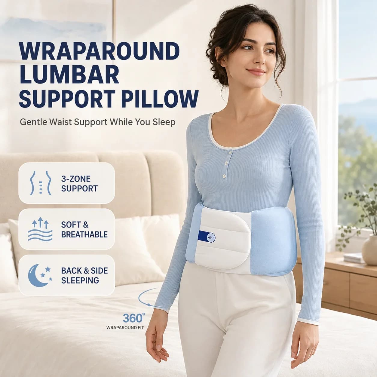 Sleeping Lumbar Support Pillow 3-Zone Wraparound Waist Cushion for Back Side Sleepers Breathable Mesh Removable Cover Adjustable