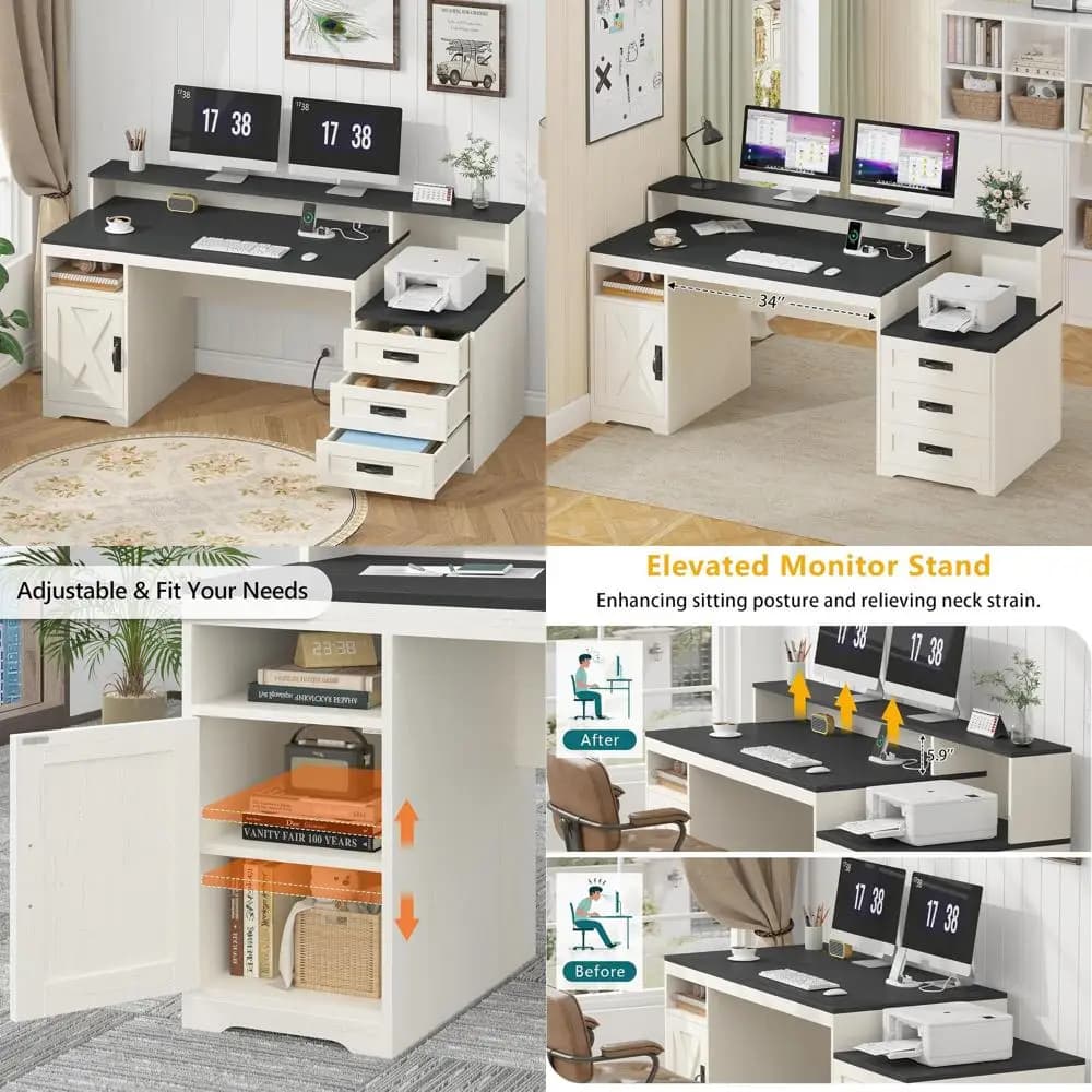 65''' Double Desk with Current Phases, Storage Space, Support for Printer and Long shelf for Monitor - Black/White