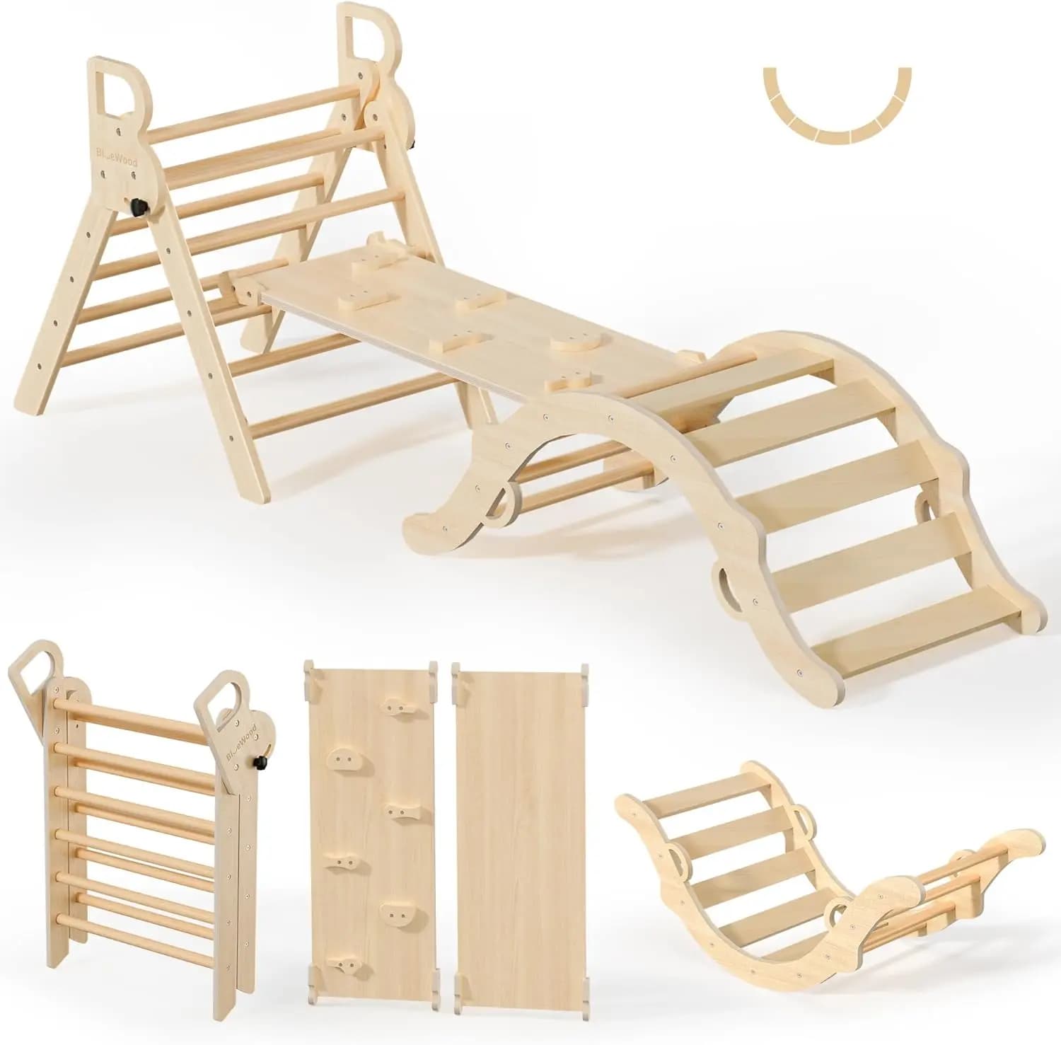 Set da arrampicata pieghevole per bambini con arco, rampa e scala - Giocattolo Montessori in legno naturale per giochi al coperto