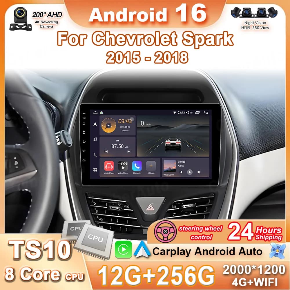 Autoradio Android 16 con Carplay e WIFI+4G per Chevrolet Spark 2015-2018, Lettore Multimediale GPS, Stereo Audio BT con WIFI+4G